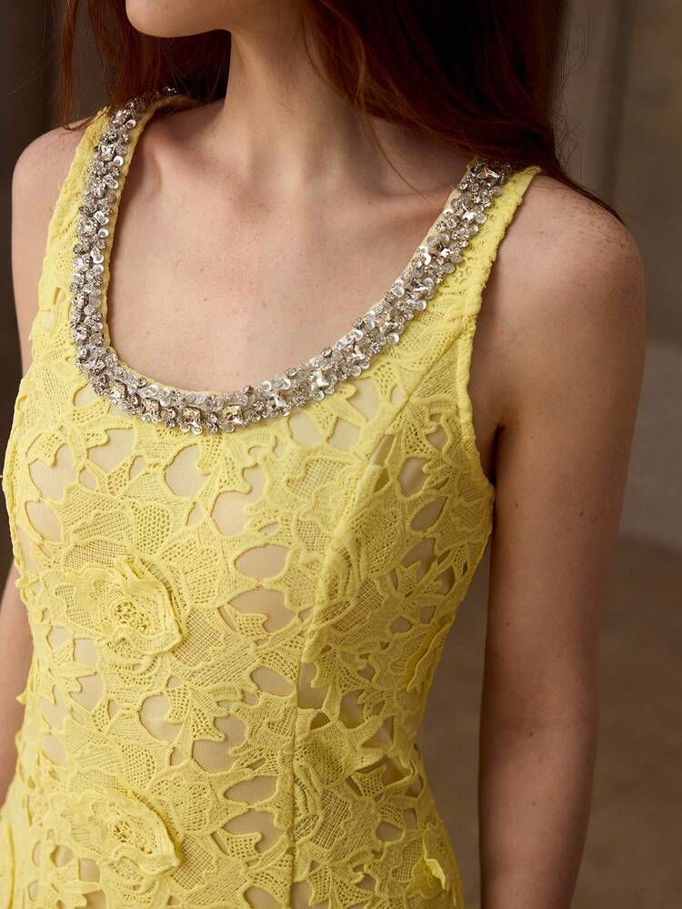 RHINESTONE DECOR GUIPURE LACE ELEGANT LONG DRESS FOR WOMEN, SPRING/SUMMER