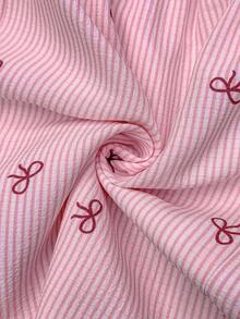 SHEIN Maternity Summer Outfits Maternity Striped Bow Print All-Over Casual Tie-Front Jumpsuit Perfect For Vacation Beach Outfit - Pink - View 3