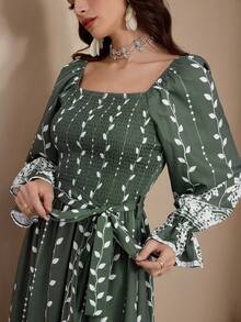 Al Najma New Vacation Floral Print Cinched Waist Slimming Casual Vacation Everyday Versatile Elegant Dress - Green - View 4