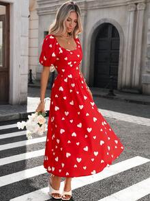Pariaura Đầm dài tay ngắn xếp ly tối giản thanh lịch dành cho nữ cỡ lớn với họa tiết trái tim, thích hợp cho mùa xuân. - Đỏ - Xem 4