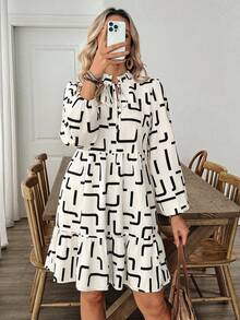 Louniche Women's Long Sleeve Short Dress, Small V-Neck Bowknot Design, Patchwork Geometric Print Babydoll Dress, Casual Loose Fit For Spring Summer, Fashionable For Work, Casual, Party - Black and White - View 4