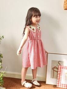 Genkimix Kids 1pc Young Girl Cherry Crochet Peter Pan Collared A-Line Gingham Cotton Dress, Cherry Dress For Little Girl - Black - View 5