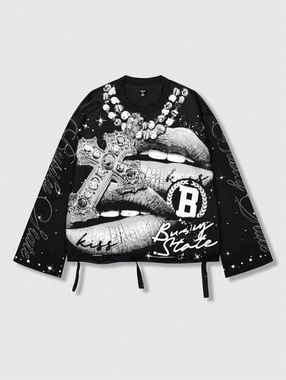 Street Life T-shirt à col ras-du-cou à manches longues pour hommes, style de rue vintage avec graphique Saint délavé