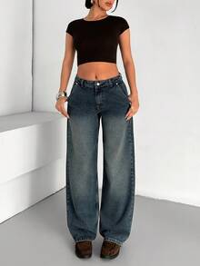 EURMUSE Low Waist Slanted Pocket Loose Straight Leg Denim Jean - Medium Wash - View 4