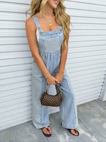 Breezaya Quần yếm denim kẻ sọc phối màu phong cách thường ngày mùa hè dành cho nữ - Màu xanh lam - Xem 1