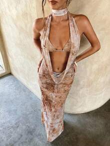Vestido de gasa bohemio con estampado de tie-dye y bajo de cola de sirena para mujer, elegante vestido maxi con espalda descubierta y cuello profundamente drapeado, perfecto para vaca - Caqui - Ver 7