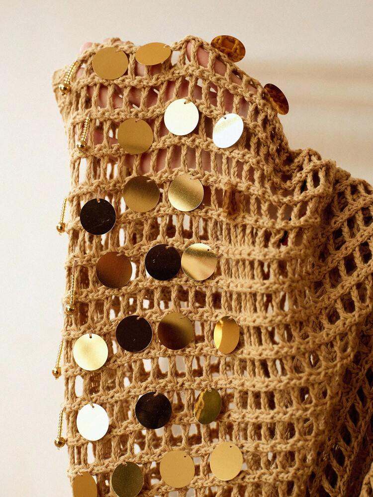 SEQUIN HOLLOW-OUT KNITTED SWEATER DRESS