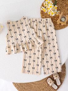 SHEIN LMoss Kids 2件套少女编织蝴蝶结装饰休闲吊带背心和裤子套装 - 黑與白 - 查看 2