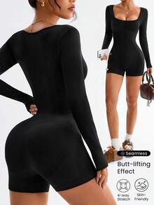 Dewbera 女士无缝高腰收腹短裤和长袖连体裤 - 黑色 - 查看 1