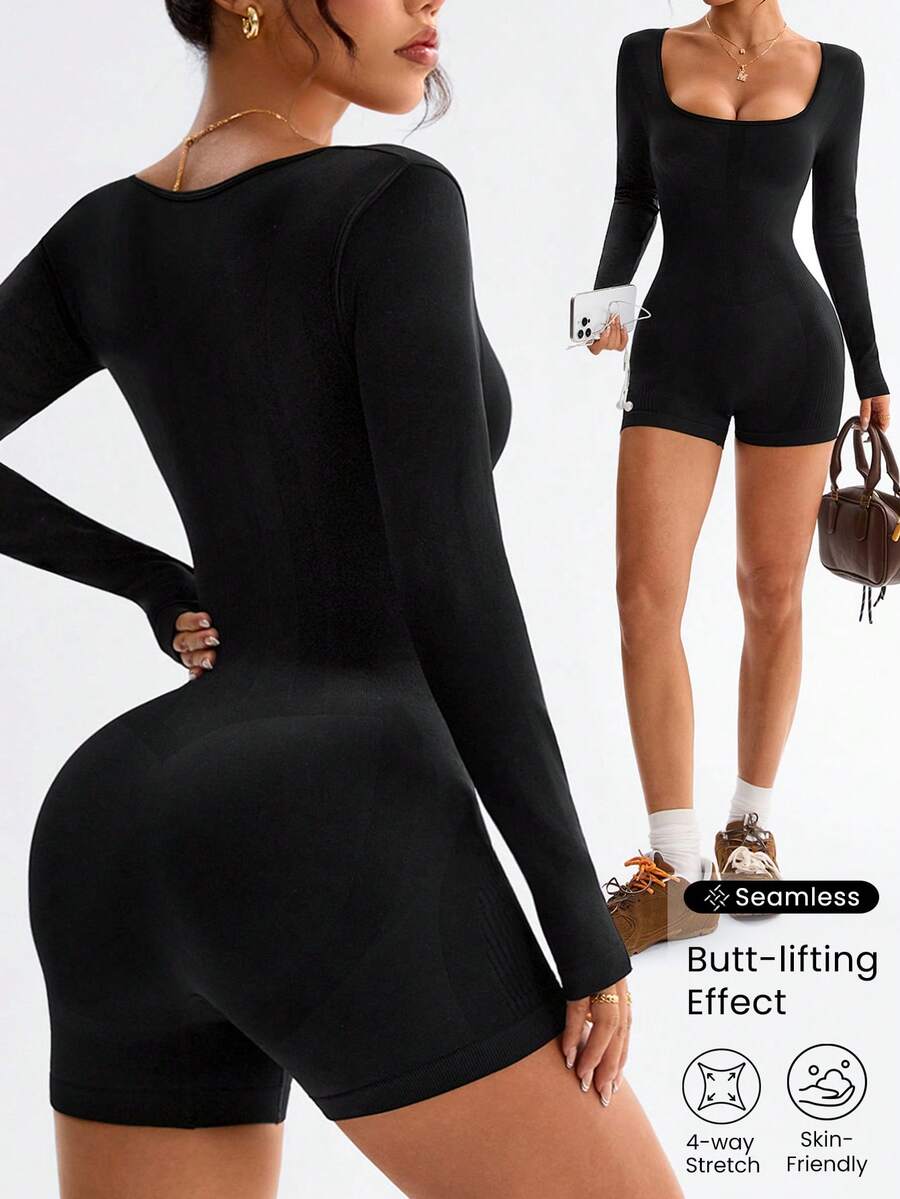Dewbera 女士无缝高腰收腹短裤和长袖连体裤 - 黑色 - 查看 1
