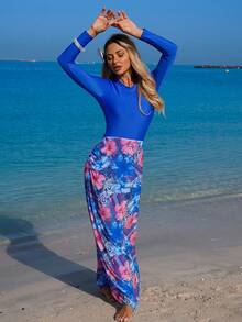 Swim Mulvari Summer New 3 PiecesSwimsuit Set: Long-Sleeve Pants, Leopard Floral Tropical Print Pleated Waist Fishtail Skirt, And Burkini Swimsuit - Multicolor - View 5