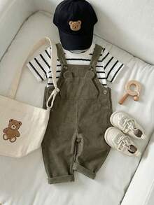 Set de 2 piezas para niños pequeños: Camiseta de manga corta de cuello redondo a rayas y pantalón peto de pana ajustable con oso, adecuado para ir y venir, la escuela, vacaciones, deportes, primavera/otoño, 6M-3T, ropa para niños, ropa para bebés, ropa para niños pequeños, camiseta para niños pequeños, peto para niños pequeños - Verde Oscuro - Ver 13