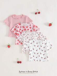 Cozy Pixies 4件套女婴草莓图案针织柔软圆领短袖荷叶边下摆套头衫套装 - 彩色 - 查看 1