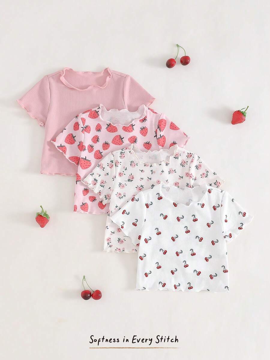 Cozy Pixies 4件套女婴草莓图案针织柔软圆领短袖荷叶边下摆套头衫套装 - 彩色 - 查看 1