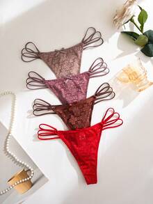 4pcs/Set Romantic Lace Bow Thong Panties - Multicolor - View 1
