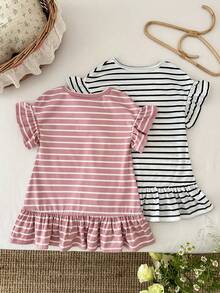 2pcs/Set Baby Girl Cute Knitted Striped Heart Pattern Short Sleeve Dress, Spring/Summer - Multicolor - View 2