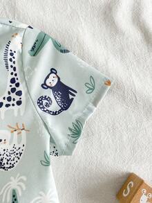 SHEIN GraphicGems 男婴夏季翻领开衫套装（2件套），上衣：黑白条纹短袖翻领衬衫，下装：黑白条纹短裤，休闲度假装 - 綠色 - 查看 8