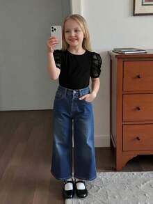 SHEIN Ung flicka mesh patchwork rund hals enfärgad kortärmad t-shirt - Svart - Visa 4