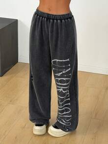 SHEIN EZwear Women's Elastic Waist Flared Leg Letter Print Pants - Black - View 5