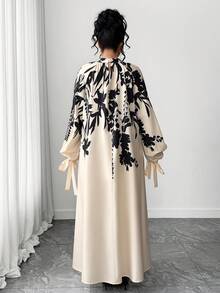 Elenzga Plus Size Casual Printed Long Sleeve Tie Cuff Dress - Multicolor - View 2