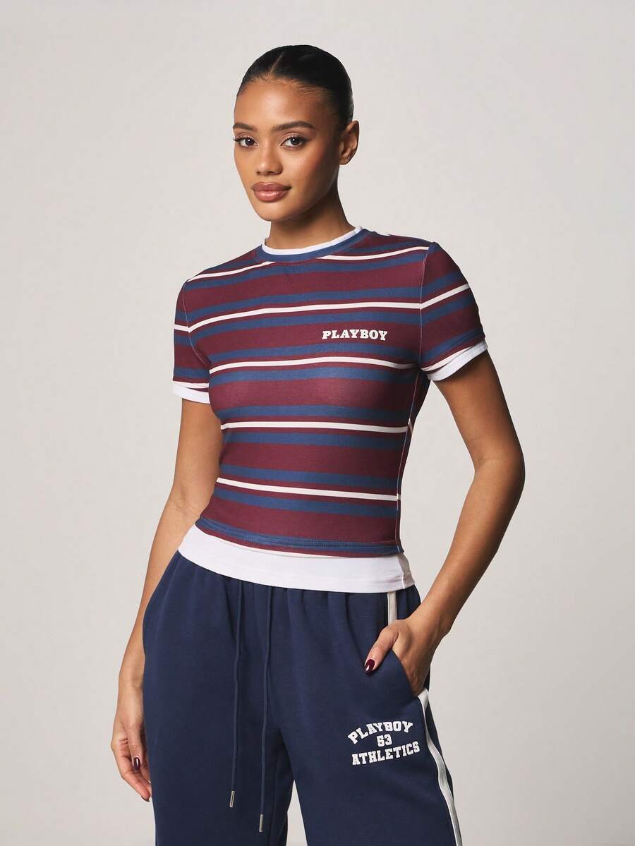 Missguided x Playboy Women Striped Short Sleeve Crew Neck Tee With Contrast Trim Detail Casual T-Shirt For Spring Summer - Multicolor - View 1