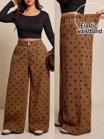 Elaquor Quần jeans ống đứng dáng rộng, chấm bi nâu, có đai lưng, dành cho người có thân hình mũm mĩm.