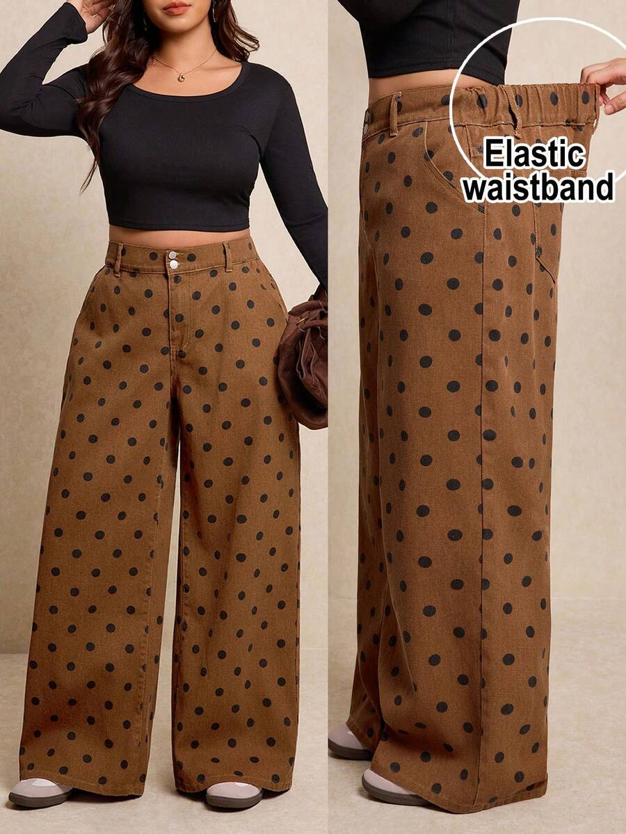 Elaquor 大码时尚棕色波点腰带环直筒宽松牛仔裤 - 棕色 - 查看 1