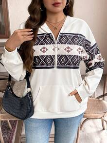 Weeklong Plus Size Women's Retro Vintage Fair Isle Geometric Pattern Patchwork Half Zip Casual Sweatshirt