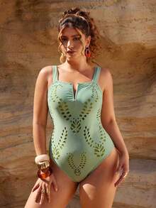 Swim Oasis 大码女式时尚度假绿色纯色镂空设计深V领粗肩带连体泳衣+裹身裙高端泳装套装，春夏款 - 綠色 - 查看 6