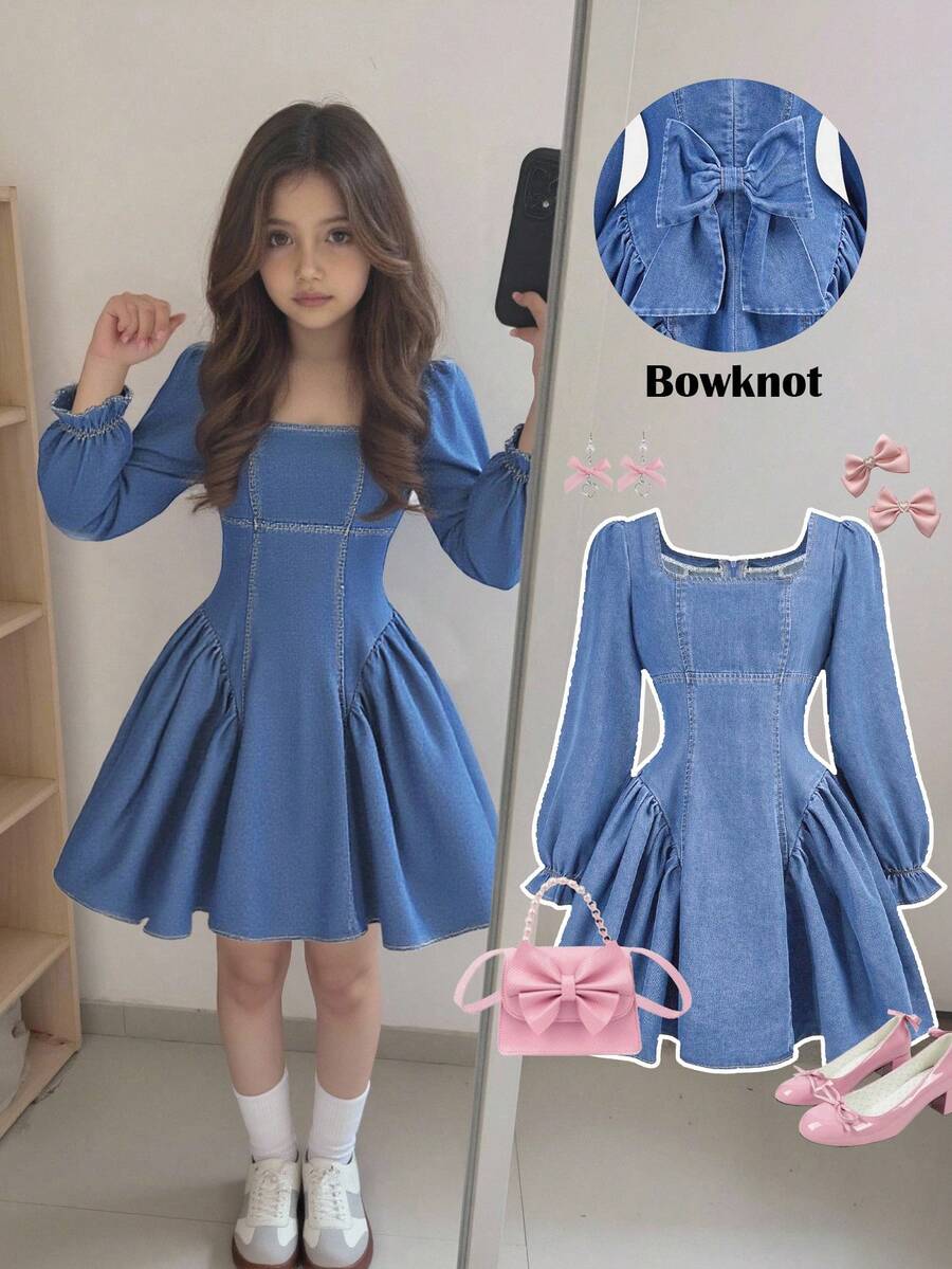 SHEIN 女童3D蝴蝶结装饰深蓝色牛仔连体衣 - 淺色水洗藍 - 查看 1