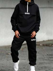 SHEIN 2 件套青少年男孩半拉链连帽夹克和慢跑裤，休闲运动风格适合通勤、上学、日常休闲、旅行、运动，羊毛加厚，适合春季、夏季、秋季、冬季