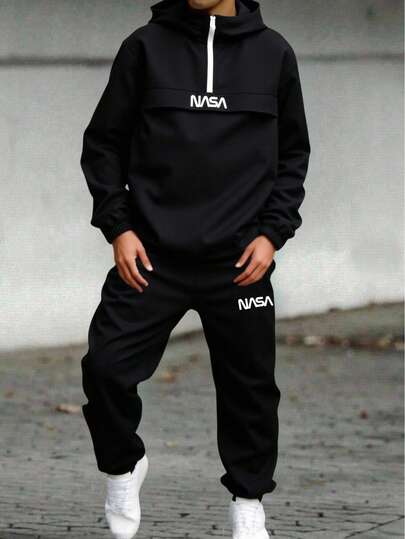 SHEIN 2 st/set tonårspojke med huvtröja och joggingbyxor med halv dragkedja, avslappnad sportig stil lämplig för pendling, skola, vardagsaktiviteter, resor, sport, fleeceförtjockning, lämplig för vår, sommar, höst, vinter