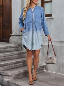 Breezaya 女士休闲渐变前扣毛边牛仔连衣裙，秋季 - 藍色 - 查看 5