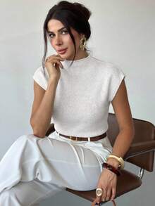 Firerie Elegant High Neck Loose Casual Versatile Sleeveless Knit Sweater Vest Going Out Tops Women,Tops For School In Fall/Winter - White - View 3