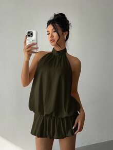 Aloruh Women's Solid Color Ruffle Hem Halter Neck Mini Dress - Army Green - View 7