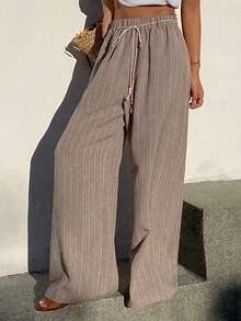 Livesso 女士条纹印花打结休闲宽松裤，适合度假穿着 - 卡其色 - 查看 3