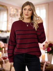 Rosumi Áo len chui đầu cỡ lớn dáng rộng, chất liệu giả cashmere, phối sọc màu tương phản, thích hợp cho mùa thu/đông. - Màu Đỏ Sâu - Xem 1