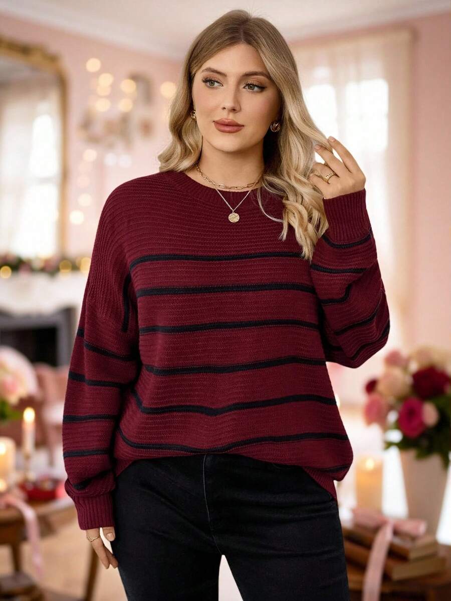 Rosumi Áo len chui đầu cỡ lớn dáng rộng, chất liệu giả cashmere, phối sọc màu tương phản, thích hợp cho mùa thu/đông. - Màu Đỏ Sâu - Xem 1