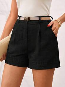 Solivie Summer Casual Linen Bamboo Knot Elegant Embroidered Detail Shorts - Black - View 6
