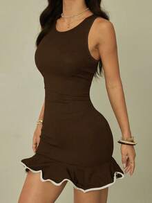 SHEIN PETITE Women's Round Neck Ruffle Hem Fitted Fashionable Sleeveless Mini Dress - Brown - View 7