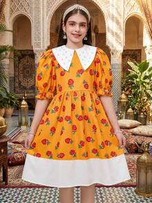 SHEIN Tween Girl Woven Floral Colorblock Beaded Doll Collar Puff Sleeve Cinched Waist Mid-Length Dress, Suitable For Travel, Vacation, Countryside Style, Casual Resort, Boho, Matching Sister & Daughter, Yellow Dress, Kids Dresses Puff Sleeve, Girls Matching Dresses, Girls Puff Sleeve Dress - Yellow - View 2