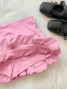 SHEIN EZwear 女士纯色高腰时尚泡泡裙，适合度假穿着 - 粉色 - 查看 5