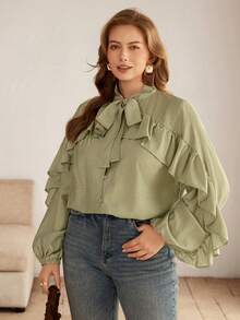 Roveilla 大码女式春夏法式浪漫西西里优雅休闲通勤度假下午茶派对纯色领蝴蝶结门襟荷叶边长袖衬衫 - 綠色 - 查看 1