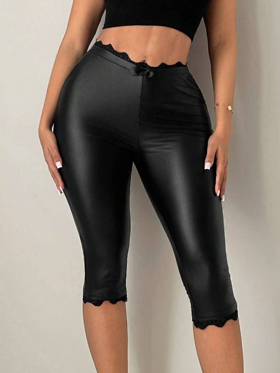 SHEIN SXY Lace Trim Faux Leather Skinny Capri Pants, Black Leather Pants, Black Pants, Cute Bottoms For Women, Black Pants Women - Black - View 1