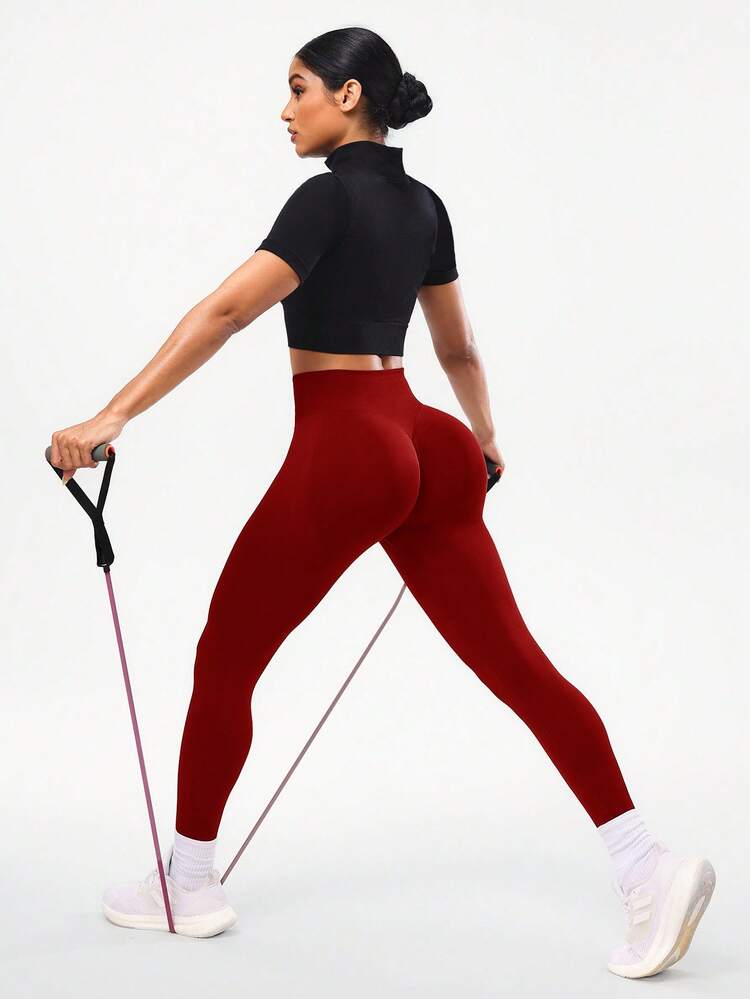 Seamluxe SHEIN Sport Jednokolorowe bezszwowe legginsy do jogi, spodnie sportowe do biegania z wysokim stanem, szeroki pas dla kobiet - Burgund - Zobacz 6