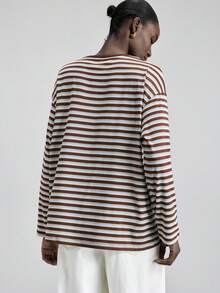 Ontre 2026SS New Spring/Summer Striped Long Sleeve Round Neck Top, Loose Fit, Business Casual Commuter Wear - Coffee Brown - View 3