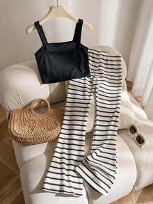 Elladie kids Fashionable Sunflower Crochet Knit Camisole Top Paired With Black & White Striped Textured Wide Leg Loose Pants, Suitable For Summer Outings And Beach Wear, Teenage Girls - Multicolor - View 2