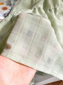 Elladie kids Tween Girls Plain Green Short Dress With Shirred Square Neck Half Puff Sleeves And Flounce Hem In A Line Basics Style - Green - View 6