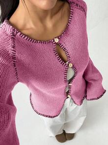 Flirla Women's Contrast Trim Raglan Sleeve Flared Cuff Casual Knit Cardigan - Hot Pink - View 5