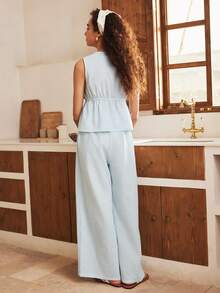 Lullawish مجموعة ملابس منزلية كاجوال مخططة بطراز بوهيمي، مناسبة للارتداء في الخارج والنوم - الأزرق - مشاهدة 2